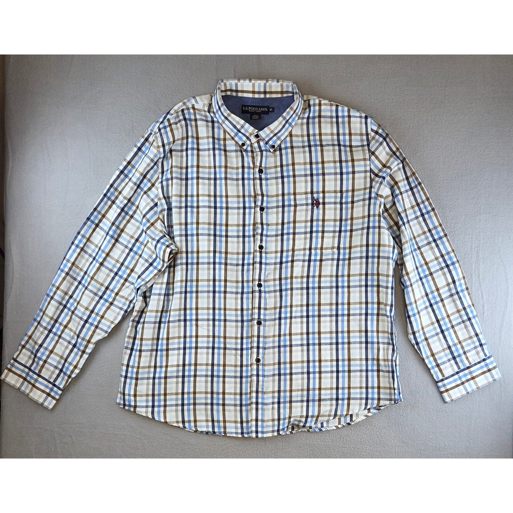 US Polo Assn Blue Brown Plaid Button Down Long Sleeve Preppy Classic 3XL NWT